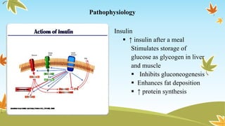 Pathophysiology
Insulin
 ↑ insulin after a meal
Stimulates storage of
glucose as glycogen in liver
and muscle
 Inhibits gluconeogenesis
 Enhances fat deposition
 ↑ protein synthesis
 