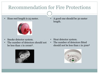 Recommendation for Fire Protections
• Hose reel length is 25 meter. • A good one should be 30 meter
length.
• Smoke detector system.
• The number of detectors should not
be less than 1 in 100m².
• Heat detector system.
• The number of detectors fitted
should not be less than 1 in 50m²
 
