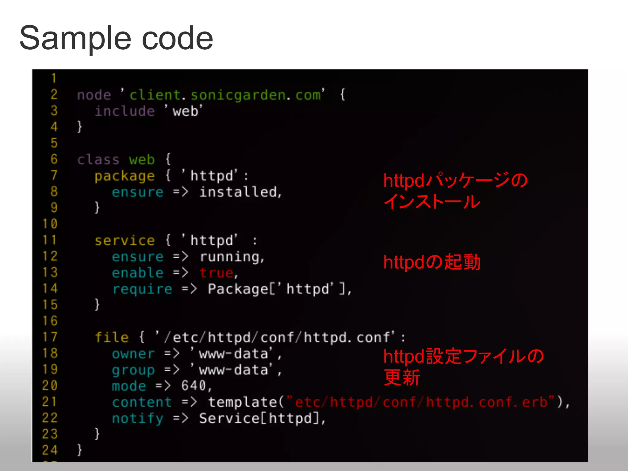 Sample code



              httpdパッケージの
              インストール


              httpdの起動




              httpd設定ファイルの
              更新
 
