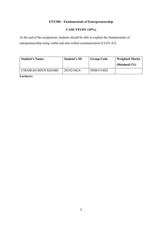 2
ENT300 – Fundamentals of Entrepreneurship
CASE STUDY (10%)
At the end of the assignment, students should be able to explain the fundamentals of
entrepreneurship using verbal and non-verbal communication (CLO1-A3)
Student’s Name: Student’s ID Group Code Weighted Marks
Obtained (%)
UMAIRAH BINTI KHAIRI 2018210424 PHM1154D2
Lecturer:
 