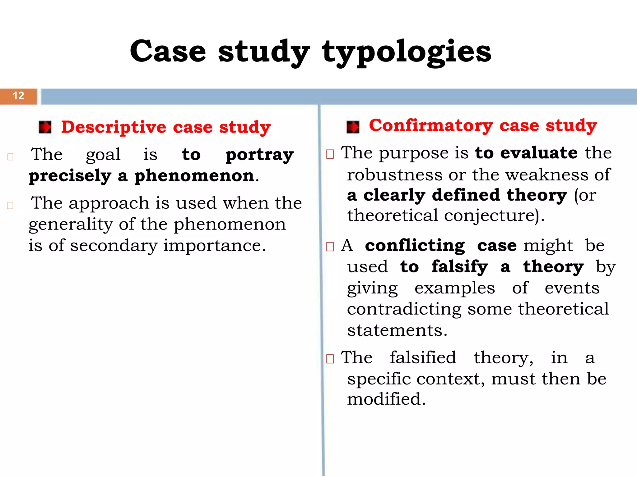 Case study typologies
12
Descriptive case study
The goal is to portray
precisely a phenomenon.
The approach is used when the
generality of the phenomenon
is of secondary importance.
Confirmatory case study
The purpose is to evaluate the
robustness or the weakness of
a clearly defined theory (or
theoretical conjecture).
A conflicting case might be
used to falsify a theory by
giving examples of events
contradicting some theoretical
statements.
The falsified theory, in a
specific context, must then be
modified.
 