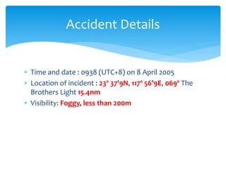  Time and date : 0938 (UTC+8) on 8 April 2005
 Location of incident : 23º 37'9N, 117º 56'9E, 069º The
Brothers Light 15.4nm
 Visibility: Foggy, less than 200m
Accident Details
 