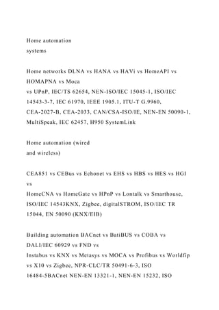 Home automation
systems
Home networks DLNA vs HANA vs HAVi vs HomeAPI vs
HOMAPNA vs Moca
vs UPnP, IEC/TS 62654, NEN-ISO/IEC 15045-1, ISO/IEC
14543-3-7, IEC 61970, IEEE 1905.1, ITU-T G.9960,
CEA-2027-B, CEA-2033, CAN/CSA-ISO/IE, NEN-EN 50090-1,
MultiSpeak, IEC 62457, H950 SystemLink
Home automation (wired
and wireless)
CEA851 vs CEBus vs Echonet vs EHS vs HBS vs HES vs HGI
vs
HomeCNA vs HomeGate vs HPnP vs Lontalk vs Smarthouse,
ISO/IEC 14543KNX, Zigbee, digitalSTROM, ISO/IEC TR
15044, EN 50090 (KNX/EIB)
Building automation BACnet vs BatiBUS vs COBA vs
DALI/IEC 60929 vs FND vs
Instabus vs KNX vs Metasys vs MOCA vs Profibus vs Worldfip
vs X10 vs Zigbee, NPR-CLC/TR 50491-6-3, ISO
16484-5BACnet NEN-EN 13321-1, NEN-EN 15232, ISO
 
