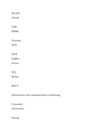 SCART
COAX
USB
HDMI
Firewire
WiFi
KNX
ZigBee
Zwave
PLC
M-bus
DECT
Information and communication technology
Consumer
Electronics
Energy
 
