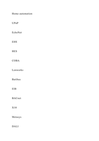 Home automation
UPnP
EchoNet
EHS
HES
COBA
Lonworks
Batibus
EIB
BACnet
X10
Metasys
DALI
 