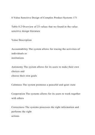 8 Value Sensitive Design of Complex Product Systems 171
Table 8.2 Overview of 23 values that we found in the value
sensitive design literature
Value Description
Accountability The system allows for tracing the activities of
individuals or
institutions
Autonomy The system allows for its users to make their own
choices and
choose their own goals
Calmness The system promotes a peaceful and quiet state
Cooperation The systems allows for its users to work together
with others
Correctness The systems processes the right information and
performs the right
actions
 