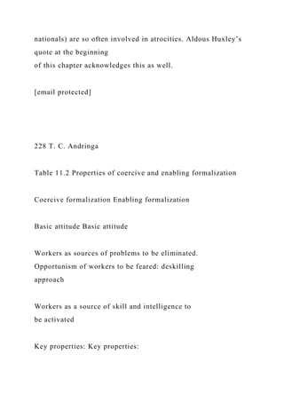 nationals) are so often involved in atrocities. Aldous Huxley’s
quote at the beginning
of this chapter acknowledges this as well.
[email protected]
228 T. C. Andringa
Table 11.2 Properties of coercive and enabling formalization
Coercive formalization Enabling formalization
Basic attitude Basic attitude
Workers as sources of problems to be eliminated.
Opportunism of workers to be feared: deskilling
approach
Workers as a source of skill and intelligence to
be activated
Key properties: Key properties:
 