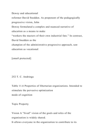 Dewey and educational
reformer David Snedden. As proponent of the pedagogically
progressive vision, John
Dewey formulated a complex and nuanced narrative of
education as a means to make
“workers the masters of their own industrial fate.” In contrast,
David Snedden as the
champion of the administrative progressive approach, saw
education as vocational
[email protected]
252 T. C. Andringa
Table 11.6 Properties of libertarian organizations. Intended to
stimulate the pervasive optimization
mode of cognition
Topic Property
Vision A “lived” vision of the goals and roles of the
organization is widely shared.
It allows everyone in the organization to contribute to its
 