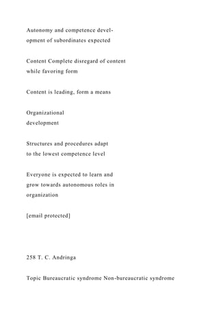 Autonomy and competence devel-
opment of subordinates expected
Content Complete disregard of content
while favoring form
Content is leading, form a means
Organizational
development
Structures and procedures adapt
to the lowest competence level
Everyone is expected to learn and
grow towards autonomous roles in
organization
[email protected]
258 T. C. Andringa
Topic Bureaucratic syndrome Non-bureaucratic syndrome
 