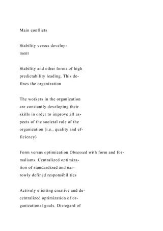 Main conflicts
Stability versus develop-
ment
Stability and other forms of high
predictability leading. This de-
fines the organization
The workers in the organization
are constantly developing their
skills in order to improve all as-
pects of the societal role of the
organization (i.e., quality and ef-
ficiency)
Form versus optimization Obsessed with form and for-
malisms. Centralized optimiza-
tion of standardized and nar-
rowly defined responsibilities
Actively eliciting creative and de-
centralized optimization of or-
ganizational goals. Disregard of
 