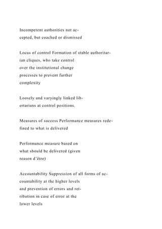 Incompetent authorities not ac-
cepted, but coached or dismissed
Locus of control Formation of stable authoritar-
ian cliques, who take control
over the institutional change
processes to prevent further
complexity
Loosely and varyingly linked lib-
ertarians at control positions.
Measures of success Performance measures rede-
fined to what is delivered
Performance measure based on
what should be delivered (given
reason d’être)
Accountability Suppression of all forms of ac-
countability at the higher levels
and prevention of errors and ret-
ribution in case of error at the
lower levels
 