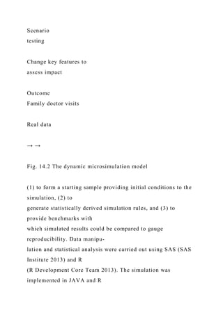 Scenario
testing
Change key features to
assess impact
Outcome
Family doctor visits
Real data
→ →
Fig. 14.2 The dynamic microsimulation model
(1) to form a starting sample providing initial conditions to the
simulation, (2) to
generate statistically derived simulation rules, and (3) to
provide benchmarks with
which simulated results could be compared to gauge
reproducibility. Data manipu-
lation and statistical analysis were carried out using SAS (SAS
Institute 2013) and R
(R Development Core Team 2013). The simulation was
implemented in JAVA and R
 