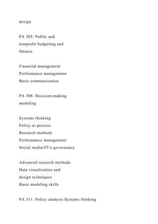 design
PA 305: Public and
nonprofit budgeting and
finance
Financial management
Performance management
Basic communication
PA 308: Decision-making
modeling
Systems thinking
Policy as process
Research methods
Performance management
Social media/IT/e-governance
Advanced research methods
Data visualization and
design techniques
Basic modeling skills
PA 311: Policy analysis Systems thinking
 