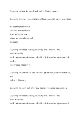 Capacity to lead in an ethical and reflective manner
Capacity to achieve cooperation through participatory practices
To communicate and
interact productively
with a diverse and
changing workforce and
citizenry
Capacity to undertake high quality oral, written, and
electronically
mediated communication and utilize information systems and
media
to advance objectives
Capacity to appreciate the value of pluralism, multiculturalism,
and
cultural diversity
Capacity to carry out effective human resource management
Capacity to undertake high quality oral, written, and
electronically
mediated communication and utilize information systems and
 