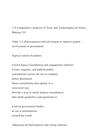 7 A Comparative Analysis of Tools and Technologies for Policy
Making 135
Table 7.3 eParticipation tools developed to improve people
involvement in government
Typical actions Examples
Citizen Space Consultation and engagement software
Create, organise, and publish public
consultations across the net on complex
policy documents
Share consultation data openly in a
structured way
Provide a way to easily analyse consultation
data (both qualitative and quantitative)
Used by government bodies
to run e-consultations
around the world
Adhocracy.de Participation and voting software
 