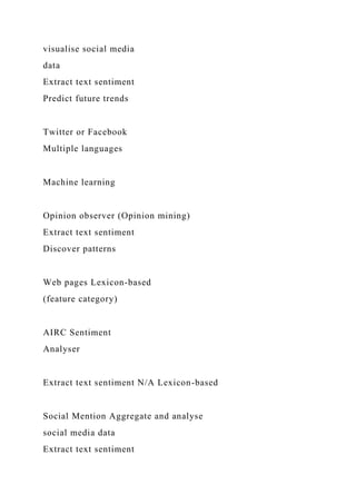 visualise social media
data
Extract text sentiment
Predict future trends
Twitter or Facebook
Multiple languages
Machine learning
Opinion observer (Opinion mining)
Extract text sentiment
Discover patterns
Web pages Lexicon-based
(feature category)
AIRC Sentiment
Analyser
Extract text sentiment N/A Lexicon-based
Social Mention Aggregate and analyse
social media data
Extract text sentiment
 
