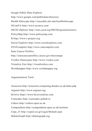 Google Public Data Explorer
http://www.google.com/publicdata/directory
Health Infoscape http://senseable.mit.edu/healthinfoscape
NComVA http://www.ncomva.com
OECD eXplorer http://stats.oecd.org/OECDregionalstatistics
PolicyMap http://www.policymap.com
R http://www.r-project.org
Social Explorer http://www.socialexplorer.com
STATcompiler http://www.statcompiler.com
State Cancer Profiles
http://statecancerprofiles.cancer.gov/micromaps
Visokio Omniscpoe http://www.visokio.com
Visualize Free http://visualizefree.com
Worldmapper http://www.worldmapper.org
Argumentation Tools
Araucaria http://araucaria.computing.dundee.ac.uk/doku.php
Argunet http://www.argunet.org
bCisive https://www.bcisiveonline.com
Carneades http://carneades.github.io
Cohere http://cohere.open.ac.uk
Compendium http://compendium.open.ac.uk/institute
Cope_it! http://copeit.cti.gr/Login/Default.aspx
DebateGraph http://debategraph.org
 