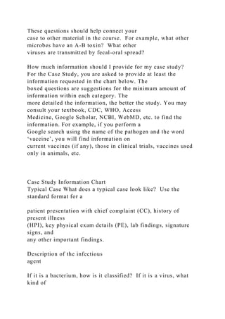 These questions should help connect your
case to other material in the course. For example, what other
microbes have an A-B toxin? What other
viruses are transmitted by fecal-oral spread?
How much information should I provide for my case study?
For the Case Study, you are asked to provide at least the
information requested in the chart below. The
boxed questions are suggestions for the minimum amount of
information within each category. The
more detailed the information, the better the study. You may
consult your textbook, CDC, WHO, Access
Medicine, Google Scholar, NCBI, WebMD, etc. to find the
information. For example, if you perform a
Google search using the name of the pathogen and the word
‘vaccine’, you will find information on
current vaccines (if any), those in clinical trials, vaccines used
only in animals, etc.
Case Study Information Chart
Typical Case What does a typical case look like? Use the
standard format for a
patient presentation with chief complaint (CC), history of
present illness
(HPI), key physical exam details (PE), lab findings, signature
signs, and
any other important findings.
Description of the infectious
agent
If it is a bacterium, how is it classified? If it is a virus, what
kind of
 