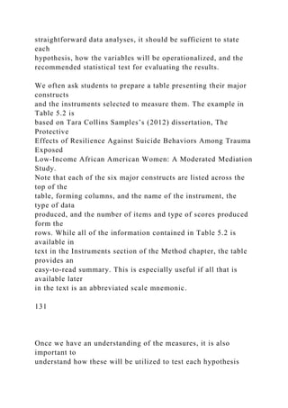 straightforward data analyses, it should be sufficient to state
each
hypothesis, how the variables will be operationalized, and the
recommended statistical test for evaluating the results.
We often ask students to prepare a table presenting their major
constructs
and the instruments selected to measure them. The example in
Table 5.2 is
based on Tara Collins Samples’s (2012) dissertation, The
Protective
Effects of Resilience Against Suicide Behaviors Among Trauma
Exposed
Low-Income African American Women: A Moderated Mediation
Study.
Note that each of the six major constructs are listed across the
top of the
table, forming columns, and the name of the instrument, the
type of data
produced, and the number of items and type of scores produced
form the
rows. While all of the information contained in Table 5.2 is
available in
text in the Instruments section of the Method chapter, the table
provides an
easy-to-read summary. This is especially useful if all that is
available later
in the text is an abbreviated scale mnemonic.
131
Once we have an understanding of the measures, it is also
important to
understand how these will be utilized to test each hypothesis
 