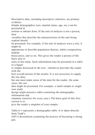 Descriptive data, including descriptive statistics, are primary
evidence.
Simple demographics (sex, marital status, age, etc.) can be
presented in
written or tabular form. If the unit of analysis is not a person,
then
variables that describe the characteristics of the unit being
studied should
be presented. For example, if the unit of analysis were a city, it
might be
appropriate to describe population density, ethnic composition,
median
house price, and so on. This gives the reader a picture of the
basic unit or
units in the study. Such information may be presented in a table
or a figure
or simply discussed in the text—whichever provides the reader
with the
best overall picture of the results. It is not necessary to supply
the raw data,
but one must make sense of the data for the reader. (In some
cases, the raw
data might be presented. For example, a small sample or single
case study
design might present a table containing the demographic
information and
summary statistics for every case.) The basic goal of this first
section is to
give the reader a snapshot of your sample.
Table 6.1 represents a demographic table. It is taken directly
from Todd’s
(2011) dissertation examining the process of becoming a strong
gay,
 
