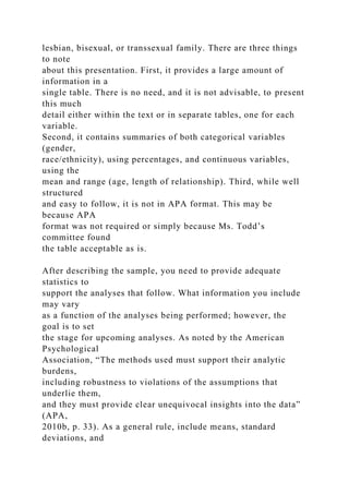 lesbian, bisexual, or transsexual family. There are three things
to note
about this presentation. First, it provides a large amount of
information in a
single table. There is no need, and it is not advisable, to present
this much
detail either within the text or in separate tables, one for each
variable.
Second, it contains summaries of both categorical variables
(gender,
race/ethnicity), using percentages, and continuous variables,
using the
mean and range (age, length of relationship). Third, while well
structured
and easy to follow, it is not in APA format. This may be
because APA
format was not required or simply because Ms. Todd’s
committee found
the table acceptable as is.
After describing the sample, you need to provide adequate
statistics to
support the analyses that follow. What information you include
may vary
as a function of the analyses being performed; however, the
goal is to set
the stage for upcoming analyses. As noted by the American
Psychological
Association, “The methods used must support their analytic
burdens,
including robustness to violations of the assumptions that
underlie them,
and they must provide clear unequivocal insights into the data”
(APA,
2010b, p. 33). As a general rule, include means, standard
deviations, and
 