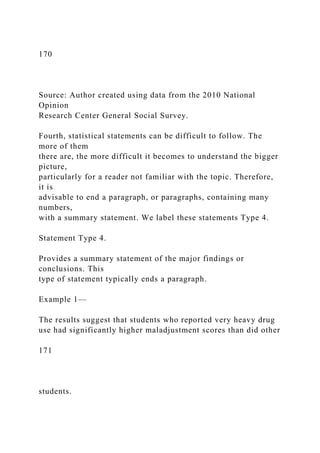 170
Source: Author created using data from the 2010 National
Opinion
Research Center General Social Survey.
Fourth, statistical statements can be difficult to follow. The
more of them
there are, the more difficult it becomes to understand the bigger
picture,
particularly for a reader not familiar with the topic. Therefore,
it is
advisable to end a paragraph, or paragraphs, containing many
numbers,
with a summary statement. We label these statements Type 4.
Statement Type 4.
Provides a summary statement of the major findings or
conclusions. This
type of statement typically ends a paragraph.
Example 1—
The results suggest that students who reported very heavy drug
use had significantly higher maladjustment scores than did other
171
students.
 