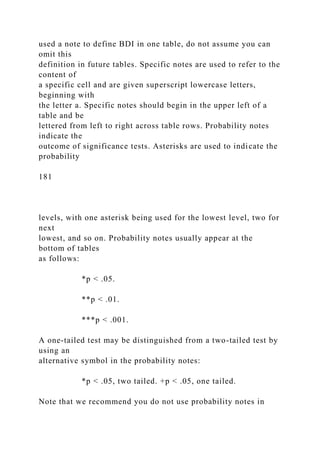 used a note to define BDI in one table, do not assume you can
omit this
definition in future tables. Specific notes are used to refer to the
content of
a specific cell and are given superscript lowercase letters,
beginning with
the letter a. Specific notes should begin in the upper left of a
table and be
lettered from left to right across table rows. Probability notes
indicate the
outcome of significance tests. Asterisks are used to indicate the
probability
181
levels, with one asterisk being used for the lowest level, two for
next
lowest, and so on. Probability notes usually appear at the
bottom of tables
as follows:
*p < .05.
**p < .01.
***p < .001.
A one-tailed test may be distinguished from a two-tailed test by
using an
alternative symbol in the probability notes:
*p < .05, two tailed. +p < .05, one tailed.
Note that we recommend you do not use probability notes in
 