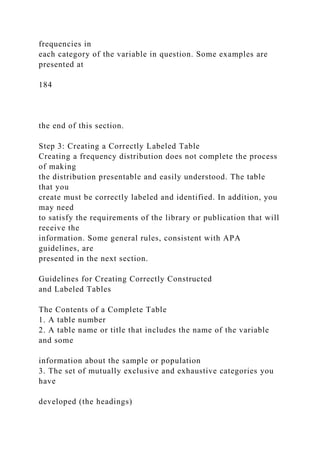 frequencies in
each category of the variable in question. Some examples are
presented at
184
the end of this section.
Step 3: Creating a Correctly Labeled Table
Creating a frequency distribution does not complete the process
of making
the distribution presentable and easily understood. The table
that you
create must be correctly labeled and identified. In addition, you
may need
to satisfy the requirements of the library or publication that will
receive the
information. Some general rules, consistent with APA
guidelines, are
presented in the next section.
Guidelines for Creating Correctly Constructed
and Labeled Tables
The Contents of a Complete Table
1. A table number
2. A table name or title that includes the name of the variable
and some
information about the sample or population
3. The set of mutually exclusive and exhaustive categories you
have
developed (the headings)
 