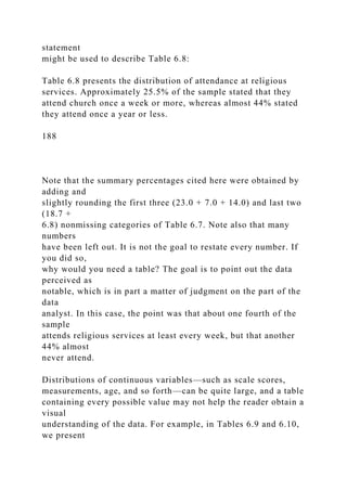statement
might be used to describe Table 6.8:
Table 6.8 presents the distribution of attendance at religious
services. Approximately 25.5% of the sample stated that they
attend church once a week or more, whereas almost 44% stated
they attend once a year or less.
188
Note that the summary percentages cited here were obtained by
adding and
slightly rounding the first three (23.0 + 7.0 + 14.0) and last two
(18.7 +
6.8) nonmissing categories of Table 6.7. Note also that many
numbers
have been left out. It is not the goal to restate every number. If
you did so,
why would you need a table? The goal is to point out the data
perceived as
notable, which is in part a matter of judgment on the part of the
data
analyst. In this case, the point was that about one fourth of the
sample
attends religious services at least every week, but that another
44% almost
never attend.
Distributions of continuous variables—such as scale scores,
measurements, age, and so forth—can be quite large, and a table
containing every possible value may not help the reader obtain a
visual
understanding of the data. For example, in Tables 6.9 and 6.10,
we present
 