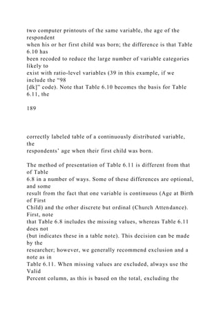 two computer printouts of the same variable, the age of the
respondent
when his or her first child was born; the difference is that Table
6.10 has
been recoded to reduce the large number of variable categories
likely to
exist with ratio-level variables (39 in this example, if we
include the “98
[dk]” code). Note that Table 6.10 becomes the basis for Table
6.11, the
189
correctly labeled table of a continuously distributed variable,
the
respondents’ age when their first child was born.
The method of presentation of Table 6.11 is different from that
of Table
6.8 in a number of ways. Some of these differences are optional,
and some
result from the fact that one variable is continuous (Age at Birth
of First
Child) and the other discrete but ordinal (Church Attendance).
First, note
that Table 6.8 includes the missing values, whereas Table 6.11
does not
(but indicates these in a table note). This decision can be made
by the
researcher; however, we generally recommend exclusion and a
note as in
Table 6.11. When missing values are excluded, always use the
Valid
Percent column, as this is based on the total, excluding the
 