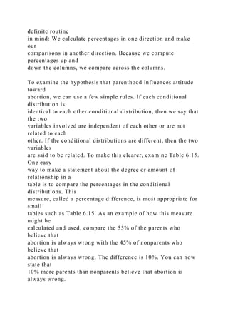 definite routine
in mind: We calculate percentages in one direction and make
our
comparisons in another direction. Because we compute
percentages up and
down the columns, we compare across the columns.
To examine the hypothesis that parenthood influences attitude
toward
abortion, we can use a few simple rules. If each conditional
distribution is
identical to each other conditional distribution, then we say that
the two
variables involved are independent of each other or are not
related to each
other. If the conditional distributions are different, then the two
variables
are said to be related. To make this clearer, examine Table 6.15.
One easy
way to make a statement about the degree or amount of
relationship in a
table is to compare the percentages in the conditional
distributions. This
measure, called a percentage difference, is most appropriate for
small
tables such as Table 6.15. As an example of how this measure
might be
calculated and used, compare the 55% of the parents who
believe that
abortion is always wrong with the 45% of nonparents who
believe that
abortion is always wrong. The difference is 10%. You can now
state that
10% more parents than nonparents believe that abortion is
always wrong.
 