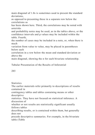 main diagonal of 1.0s is sometimes used to present the standard
deviations,
as opposed to presenting these in a separate row below the
correlations as
has been shown here. Third, the correlations may be noted with
asterisks
and probability notes may be used, as in the tables above, or the
confidence intervals and p values may be included within the
table. Fourth,
the number of cases may be included in a note, or, when there is
much
variation from value to value, may be placed in parentheses
below each
correlation in a row below the mean and standard deviation or
above the
main diagonal, showing the n for each bivariate relationship.
Tabular Presentation of the Results of Inferential
203
Statistics
The earlier materials refer primarily to descriptions of results
contained in
contingency tables and tables containing means or other
descriptive
statistics. They have not focused on statistical inference. A
discussion of
whether or not results are statistically significant usually
follows tables
describing results, or is contained within them, but generally
does not
precede descriptive summaries. For example, in the bivariate
table (Table
 