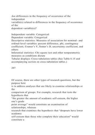 Are differences in the frequency of occurrence of the
independent
variable(s) related to differences in the frequency of occurrence
of the
dependent variable(s)?
Independent variable: Categorical
Dependent variable: Categorical
Descriptive statistics: Measures of association for nominal- and
ordinal-level variables: percent difference, phi, contingency
coefficient, Cramer’s V, Somer’s D, uncertainty coefficient, and
others
Inferential statistics: Chi-square test and other nonparametric
measures as conditions dictate
Tabular displays: Cross-tabulation tables (See Table 6.15 and
accompanying section on cross-tabulation tables.)
207
Of course, there are other types of research questions, but the
purpose here
is to address analyses that are likely to examine relationships or
the
comparison of groups. For example, research that tests the
hypothesis that
“the greater the amount of academic self-esteem, the higher
one’s grade
point average” would constitute an examination of
relationships, whereas
research that examines the hypothesis that “dropouts have lower
academic
self-esteem than those who complete their education” would
constitute a
 