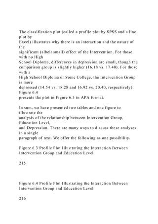 The classification plot (called a profile plot by SPSS and a line
plot by
Excel) illustrates why there is an interaction and the nature of
the
significant (albeit small) effect of the Intervention. For those
with no High
School Diploma, differences in depression are small, though the
comparison group is slightly higher (16.18 vs. 17.40). For those
with a
High School Diploma or Some College, the Intervention Group
is more
depressed (14.54 vs. 18.28 and 16.92 vs. 20.40, respectively).
Figure 6.4
presents the plot in Figure 6.3 in APA format.
In sum, we have presented two tables and one figure to
illustrate the
analysis of the relationship between Intervention Group,
Education Level,
and Depression. There are many ways to discuss these analyses
in a single
paragraph of text. We offer the following as one possibility.
Figure 6.3 Profile Plot Illustrating the Interaction Between
Intervention Group and Education Level
215
Figure 6.4 Profile Plot Illustrating the Interaction Between
Intervention Group and Education Level
216
 