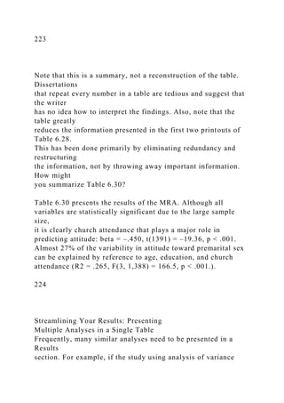 223
Note that this is a summary, not a reconstruction of the table.
Dissertations
that repeat every number in a table are tedious and suggest that
the writer
has no idea how to interpret the findings. Also, note that the
table greatly
reduces the information presented in the first two printouts of
Table 6.28.
This has been done primarily by eliminating redundancy and
restructuring
the information, not by throwing away important information.
How might
you summarize Table 6.30?
Table 6.30 presents the results of the MRA. Although all
variables are statistically significant due to the large sample
size,
it is clearly church attendance that plays a major role in
predicting attitude: beta = –.450, t(1391) = –19.36, p < .001.
Almost 27% of the variability in attitude toward premarital sex
can be explained by reference to age, education, and church
attendance (R2 = .265, F(3, 1,388) = 166.5, p < .001.).
224
Streamlining Your Results: Presenting
Multiple Analyses in a Single Table
Frequently, many similar analyses need to be presented in a
Results
section. For example, if the study using analysis of variance
 