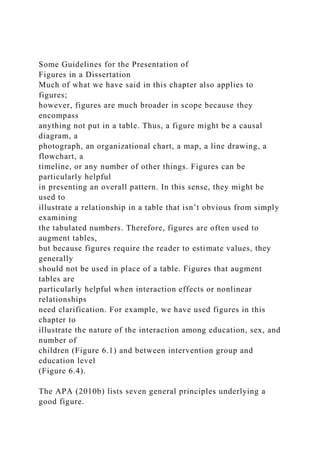 Some Guidelines for the Presentation of
Figures in a Dissertation
Much of what we have said in this chapter also applies to
figures;
however, figures are much broader in scope because they
encompass
anything not put in a table. Thus, a figure might be a causal
diagram, a
photograph, an organizational chart, a map, a line drawing, a
flowchart, a
timeline, or any number of other things. Figures can be
particularly helpful
in presenting an overall pattern. In this sense, they might be
used to
illustrate a relationship in a table that isn’t obvious from simply
examining
the tabulated numbers. Therefore, figures are often used to
augment tables,
but because figures require the reader to estimate values, they
generally
should not be used in place of a table. Figures that augment
tables are
particularly helpful when interaction effects or nonlinear
relationships
need clarification. For example, we have used figures in this
chapter to
illustrate the nature of the interaction among education, sex, and
number of
children (Figure 6.1) and between intervention group and
education level
(Figure 6.4).
The APA (2010b) lists seven general principles underlying a
good figure.
 