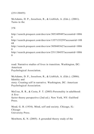 (251130455)
McAdams, D. P., Josselson, R., & Lieblich, A. (Eds.). (2001).
Turns in the
378
http://search.proquest.com/docview/305349949?accountid=1086
8
http://search.proquest.com/docview/1357135259?accountid=108
68
http://search.proquest.com/docview/305049362?accountid=1086
8
http://search.proquest.com/docview/251130455?accountid=1086
8
road: Narrative studies of lives in transition. Washington, DC:
American
Psychological Association.
McAdams, D. P., Josselson, R., & Lieblich, A. (Eds.). (2006).
Identity and
story: Creating self in narrative. Washington, DC: American
Psychological Association.
McCrae, R. R., & Costa, P. T. (2003) Personality in adulthood:
A five-
factor theory perspective (2nd ed.). New York, NY: Guilford
Press.
Mead, G. H. (1934). Mind, self and society. Chicago, IL:
Chicago
University Press.
Mewborn, K. N. (2005). A grounded theory study of the
 