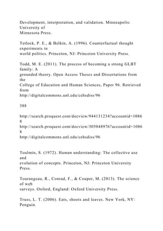 Development, interpretation, and validation. Minneapolis:
University of
Minnesota Press.
Tetlock, P. E., & Belkin, A. (1996). Counterfactual thought
experiments in
world politics. Princeton, NJ: Princeton University Press.
Todd, M. E. (2011). The process of becoming a strong GLBT
family: A
grounded theory. Open Access Theses and Dissertations from
the
College of Education and Human Sciences, Paper 96. Retrieved
from
http://digitalcommons.unl.edu/cehsdiss/96
388
http://search.proquest.com/docview/944131234?accountid=1086
8
http://search.proquest.com/docview/305048976?accountid=1086
8
http://digitalcommons.unl.edu/cehsdiss/96
Toulmin, S. (1972). Human understanding: The collective use
and
evolution of concepts. Princeton, NJ: Princeton University
Press.
Tourangeau, R., Conrad, F., & Couper, M. (2013). The science
of web
surveys. Oxford, England: Oxford University Press.
Truss, L. T. (2006). Eats, shoots and leaves. New York, NY:
Penguin.
 