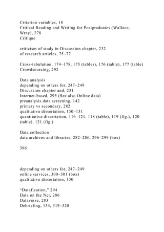 Criterion variables, 18
Critical Reading and Writing for Postgraduates (Wallace,
Wray), 278
Critique
criticism of study in Discussion chapter, 232
of research articles, 75–77
Cross-tabulation, 174–178, 175 (tables), 176 (table), 177 (table)
Crowdsourcing, 292
Data analysis
depending on others for, 247–249
Discussion chapter and, 231
Internet-based, 295 (See also Online data)
preanalysis data screening, 142
primary vs secondary, 282
qualitative dissertation, 130–131
quantitative dissertation, 116–121, 118 (table), 119 (fig.), 120
(table), 121 (fig.)
Data collection
data archives and libraries, 282–286, 296–299 (box)
396
depending on others for, 247–249
online services, 300–301 (box)
qualitative dissertation, 130
“Datafication,” 294
Data on the Net, 286
Dataverse, 283
Debriefing, 134, 319–320
 
