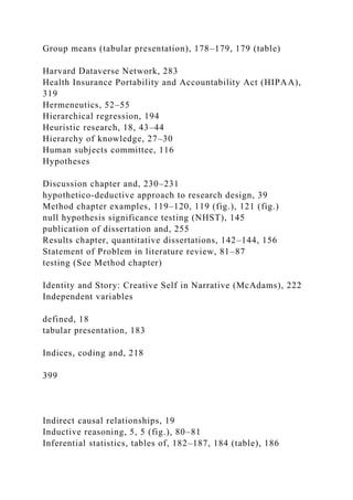 Group means (tabular presentation), 178–179, 179 (table)
Harvard Dataverse Network, 283
Health Insurance Portability and Accountability Act (HIPAA),
319
Hermeneutics, 52–55
Hierarchical regression, 194
Heuristic research, 18, 43–44
Hierarchy of knowledge, 27–30
Human subjects committee, 116
Hypotheses
Discussion chapter and, 230–231
hypothetico-deductive approach to research design, 39
Method chapter examples, 119–120, 119 (fig.), 121 (fig.)
null hypothesis significance testing (NHST), 145
publication of dissertation and, 255
Results chapter, quantitative dissertations, 142–144, 156
Statement of Problem in literature review, 81–87
testing (See Method chapter)
Identity and Story: Creative Self in Narrative (McAdams), 222
Independent variables
defined, 18
tabular presentation, 183
Indices, coding and, 218
399
Indirect causal relationships, 19
Inductive reasoning, 5, 5 (fig.), 80–81
Inferential statistics, tables of, 182–187, 184 (table), 186
 