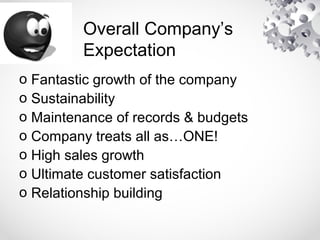 Overall Company’s
Expectation
o Fantastic growth of the company
o Sustainability
o Maintenance of records & budgets
o Company treats all as…ONE!
o High sales growth
o Ultimate customer satisfaction
o Relationship building
 