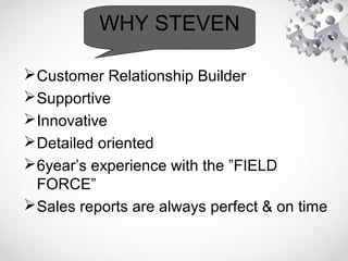 Customer Relationship Builder
Supportive
Innovative
Detailed oriented
6year’s experience with the ”FIELD
FORCE”
Sales reports are always perfect & on time
WHY STEVEN
 
