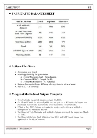 CASE STUDY PE
Enrolment No. 180500116020 Page 3
 FABRICATED BALANCE SHEET
 Actions After Scam
 Appointing new board.
 Board appointed by the government.
a) Former Nasscom chief – Kiran Karnik,
b) Chairman HDFC - Deepak Parikh,
c) Former SEBI member – C. Achuthan.
 Satyam shares gained over 40% day after appointment of new board.
 New CEO – A S Murthy.
 Merger of Mahindra & Satyam Computer
 Tech Mahindra Acquired Satyam on April 13,2009.
 On 13 April 2009, via a formal public auction process, a 46% stake in Satyam was
purchased by Mahindra & Mahindra owned company Tech Mahindra.
 Effective July 2009, Satyam rebranded its services under the new Mahindra
management as "Mahindra Satyam”.
 The Board of Tech Mahindra and Mahindra Satyam approved the merger on March
21, 2012.
 The Board of the New Tech Mahindra New CEO and MD Vineet Nayyar was
appointed as the Vice Chairman.
 