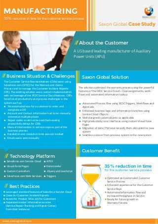 Saxon Global Case Study 
MANUFACTURING 
3355% rreedduuccttiioonn iinn ttiimee ffoorr tthhee ccuussttoomeerr sseerrvviiccee pprroocceessss 
About the Customer 
A US based leading manufacturer of Auxiliary 
Power Units (APU) 
Saxon Global Solution 
The solution optimized the warranty process using the powerful 
features of the SFDC Service Cloud – Case assignments, work-flows 
and automated information lookup. 
Automated Process flow using SFDC Triggers, Workflows and 
Approvals 
Enhanced business logic and information transition using 
Service Cloud Objects 
Well-designed custom objects as applicable 
High productivity user interfaces using custom Visual-force 
Pages 
Migration of data (75K total records) from old system to new 
system 
Seamless cutover from previous system to the new system 
Business Situation & Challenges 
Customer Benefit 
The Customer Service Representatives (CSRs) were using 
Salesforce.com (SFDC) for the Warrant and Claims 
Process and to manage the Customer Incident Reports 
(CIR). The existing solution was a custom implementation 
with no leverage of the SFDC Service Cloud features. CSRs 
faced lot of productivity and process challenges in the 
system such as: 
No automated way for a customer to enter and 
complete a CIR 
Account and Contact Information had to be manually 
entered at multiple places 
Repair codes could not be searched causing 
productivity delays for CSRs 
Manual intervention in various steps as part of the 
business process 
Resolution and resolution time was not tracked 
Emails were sent manually 
Technology Platform 
Salesforce.com Service Cloud APEX 
Visual-Force Pages 
Custom Controllers 
SalesForce.com Web Services 
Data-Loader 
JQuery and JavaScript 
Triggers 
Best Practices 
Leveraged standard features of Salesforce Service Cloud 
Cases for Customer Incident Reports 
Assets for Product SKUs sold to Customers 
Separated master information sources 
(Service Repair Tracking and Repair Codes) 
from their instances 
www.saxonglobal.com 
35% reduction in time 
for the customer serivce process 
Optimized and automated Customer 
Service Process 
Enhanced experience for the Customer 
Service Reps 
Automated information flow and 
increased throughput in Service 
Ready for future growth in 
Warranty Process 
