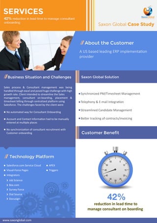 Saxon Global Case Study 
About the Customer 
A US based leading ERP implementation 
provider 
Saxon Global Solution 
Customer Benefit 
SERVICES 
42% reduction in lead time to manage consultant 
onboarding 
Business Situation and Challenges 
Sales process & Consultant management was being 
handled through excel and posed huge challenge with high 
growth rate. Client intended to streamline the Sales 
management, consultant on-boarding, placement & 
timesheet billing through centralized platform using 
Salesforce. The challenges faced by the client were 
No automated way for Consultant Onboarding 
Account and Contact Information had to be manually 
entered at multiple places 
No synchronization of consultant recruitment with 
Customer onboarding 
Technology Platform 
Salesforce.com Service Cloud APEX 
Visual-Force Pages 
Integrators 
Job Science 
Box.com 
Survey Force 
Dial Source 
Docusign 
Triggers 
Synchronized PM/Timesheet Management 
Telephony & E-mail Integration 
Streamlined Candidate Management 
Better tracking of contracts/invoicing 
42% 
reduction in lead time to 
manage consultant on boarding 
www.saxonglobal.com 
