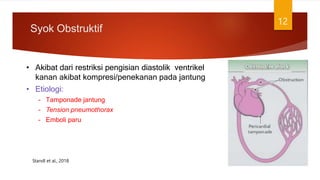Syok Obstruktif
12
• Akibat dari restriksi pengisian diastolik ventrikel
kanan akibat kompresi/penekanan pada jantung
• Etiologi:
– Tamponade jantung
– Tension pneumothorax
– Emboli paru
Standl et al., 2018
 