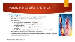 • Syok Kardiogenik
– Perlu dinilai masalah utamanya: volume, pompa atau irama?
– Masalah volume : Beri cairan dan nilai kecukupan cairan
– Masalah pompa:
• Bila TDS > 100 mmHg  vasodilator (nitrogliserin)
• Bila TDS 70-100 mmHg tanpa disertai gejala/tanda syok 
inotropik (dobutamine)
• Bila TDS 70-100 mmHg disertai gejala/tanda syok  vasopressor
(dopamine)
• Bila TDS < 70 mmHg disertai gejala/tanda syok  vasopressor kuat (norepinefrin)
– Masalah irama: disesuaikan takiaritmia atau bradiaritmia?
– Tatalaksana lanjutan setelah diatasi (pompa balon intra-aorta, angiografi, intervensi
kardiovaskuler perkutan, bedah).
Penanganan Spesifik (lanjutan ...)
24
Brunner & Suddarth’s. 2018 & Standl et al, 2018
 