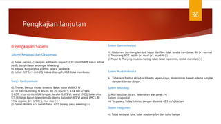 Pengkajian lanjutan
36
B.Pengkajian Sistem
Sistem Respirasi dan Oksigenasi
a). Sesak napas (+), dengan alat bantu napas O2 10 l/mnt NRM, batuk dahak
putih, bunyi napas terdengar wheezing
b). Kepala: Konjungtiva anemis, Sklera : anikterik
c). Leher: JVP 5+3 cmH2O, trakea ditengah, KGB tidak membesar
Sistem Kardiovaskuler
d). Thorax: Bentuk thorax simetris, Batas sonar dull ICS IV
e).TD: 100/56 mmHg, N 90x/m, RR 25-30x/m, S: 37,4 SatO2: 94%
f).COR: ictus cordis tidak tampak, teraba di ICS VI, lateral LMCS, batas atas
ICS III, batas kanan linea sternalis dextra, batas kiri ICS VI lateral LMCS. BJ
S1S2 reguler, S3 (-), S4 (-), mur-mur (-)
g).Pulmo: Ronkhi +/+ basah halus >2/3 lapang paru, weezing (+)
Sistem Gastrointestinal
h). Abdomen: cembung lembut, hepar dan lien tidak teraba membesar, BU (+) normal
i). Terpasang NGT, residu (+) mual (+), muntah (-)
j). Mulut & Pharyng, mukosa kering, lidah tidak hiperemis, replek menelan (+)
Sistem Muskuloskeletal
k) Tidak ada fraktur, aktivitas dibantu sepenuhnya, eksterimitas bawah edema tungkai,
dan akral terasa dingin.
Sistem Neurologi
l). Ada kesulitan bicara, kelemahan alat gerak (+)
Sistem Urogenital
m) Terpasang Folley cateter, dengan diuresis <0,5 cc/kgbb/jam
Sistem Integumen
n). Tidak terdapat luka, tidak ada benjolan dan suhu hangat
 