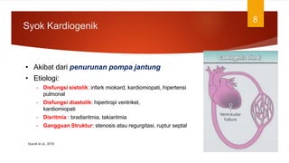 Syok Kardiogenik
8
• Akibat dari penurunan pompa jantung
• Etiologi:
– Disfungsi sistolik: infark miokard, kardiomiopati, hipertensi
pulmonal
– Disfungsi diastolik: hipertropi ventrikel,
kardiomiopati
– Disritmia : bradiaritmia, takiaritmia
– Gangguan Struktur: stenosis atau regurgitasi, ruptur septal
Standl et al., 2018
 