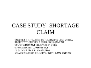 CASE STUDY- SHORTAGE
CLAIM
•INSURER X INTIMATED US FOLLOWING LOSS WITH A
REQUEST TO SURVEY A BULK CONSIGNMENT
•B/L QTY:23300 M.T PHOSPATE IN BULK
•SHORE RECEIPT:23023.620 M.T
•SUM INSURED: RS.132,637,974.00
•CLAUSES ATTACHED: ICC ‘A’ WITH 0.25% EXCESS
 